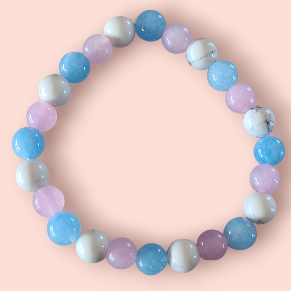 Angelite, Howlite, Rose Quartz Gemstone Bracelet Blue/White/Pink